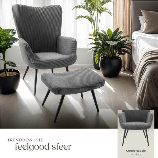tectake® Ear Armchair with Hocker - Fauteuil scandinave Teddy Bouclé - Chaise de salon et de séjour - Pieds en métal noir - Capacité 150kg - Velours côtelé - Gris