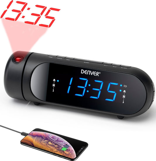 Radio-réveil numérique Denver  avec projection - Chargement USB - Radio FM - Double alarme - Noir