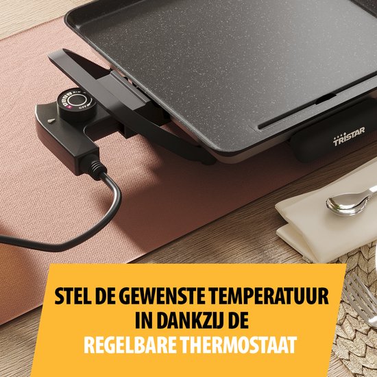 Plaque de cuisson Tristar - BP-2666 - Gourmet, plaque de grill S 28 x 28 cm - 2 personnes - 800 W - Thermostat réglable - Adaptée au camping