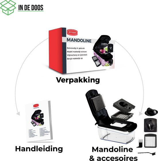 Mandoline Stosh - Coupe-légumes - Coupe-oignons - Coupe-spirale - 4 pièces - Noir - Sans BPA