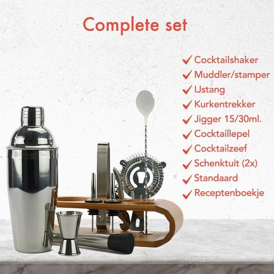 KitchenBrothers Set à cocktail avec shaker - 11 pièces - Set complet - Emballage cadeau - Bois naturel
