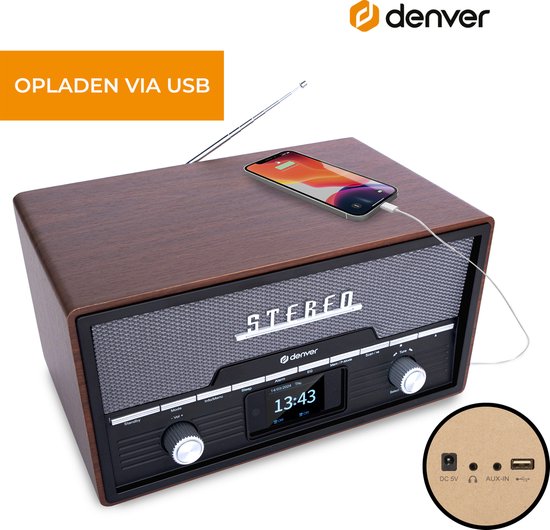 Denver Radio DAB Lecteur CD - Radio rétro - Bluetooth - DAB+/ FM - CD - MDA525 - Darkwood