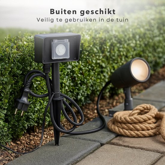 Cheqo® Prise de jardin avec minuterie - 2 prises - Noir - Prise d'extérieur - Fonction minuterie - Utilisation en extérieur - Branchement électrique - Accessoires de jardin - Idéal pour Noël