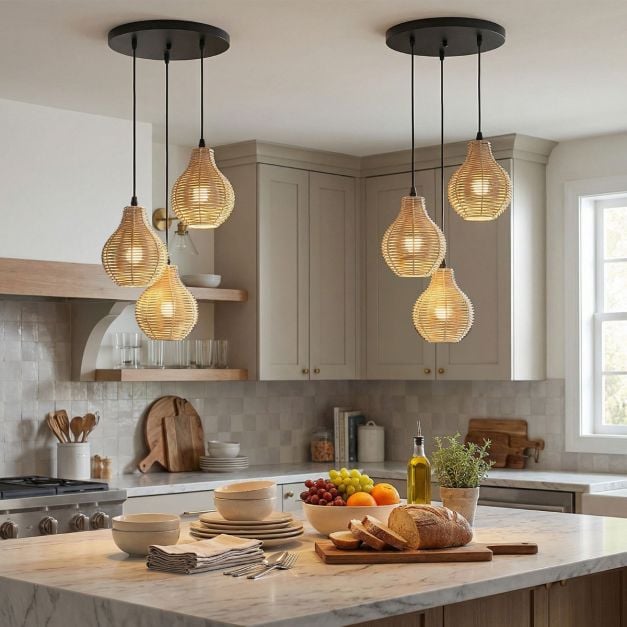 Suspension Coast à 3 lumières en rotin – Réglable de 24 à 102 cm – Ø 30 cm – Noir et beige