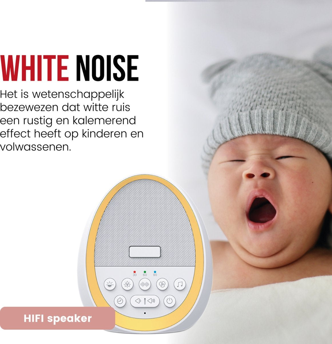 White Noise Machine - Witte Ruis Slaaptrainer voor Baby - Slaaphulp met 8 verschillende kleuren LED verlichting en 29 rustgevende geluiden
