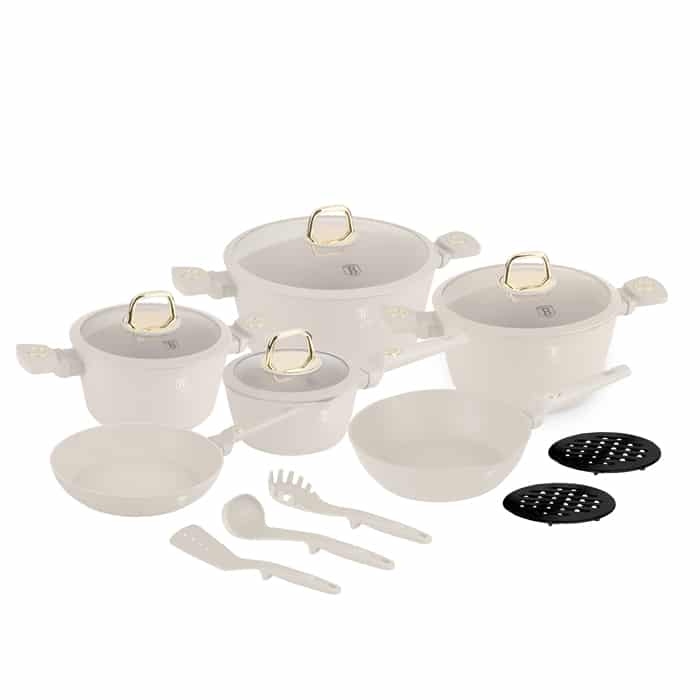 Batterie de cuisine Berlinger Haus Sahara, 15 pièces – Induction – Revêtement antiadhésif – Crème/Or
