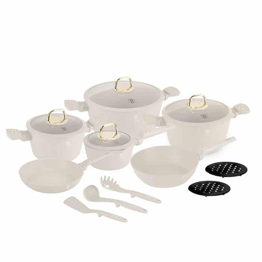 Batterie de cuisine Berlinger Haus Sahara, 15 pièces – Induction – Revêtement antiadhésif – Crème/Or