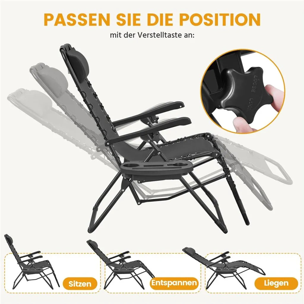 Yaheetech Zero Gravity Chairs Set of 2 - Dark Grey - Chaises longues pliables 166 × 63.5 × 67 cm avec coussin de tête et porte-gobelet