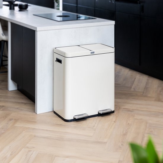 Deleca Recycle Bin with 2 Compartments - 60 Litres (2x30) Waste Bin - Waste Separation / Deposit Container / Pedal Bin - Garbage Bin with FreshAura Odour Control - Slow Close - Stainless Steel Cream White