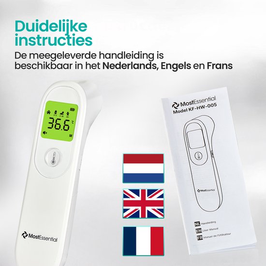 Thermomètre frontal numérique MostEssential - Thermomètre - Thermomètre médical pour adultes, enfants et bébés - Sans contact - HW05