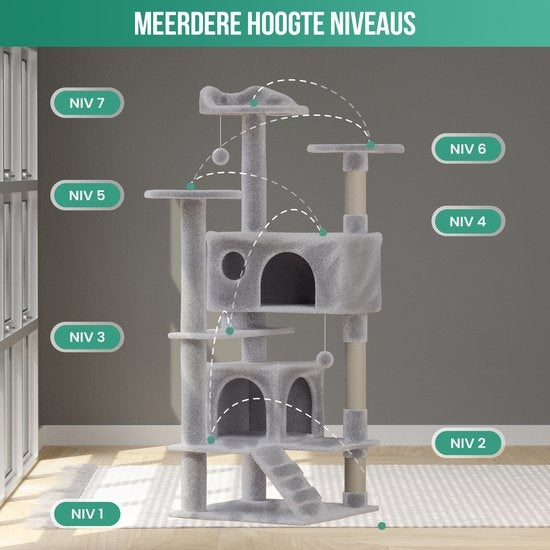 Avalo Scratching Post For Cats With 7 Levels - 137x49x49 CM - Light Grey - Scratching Post For Large Cats
