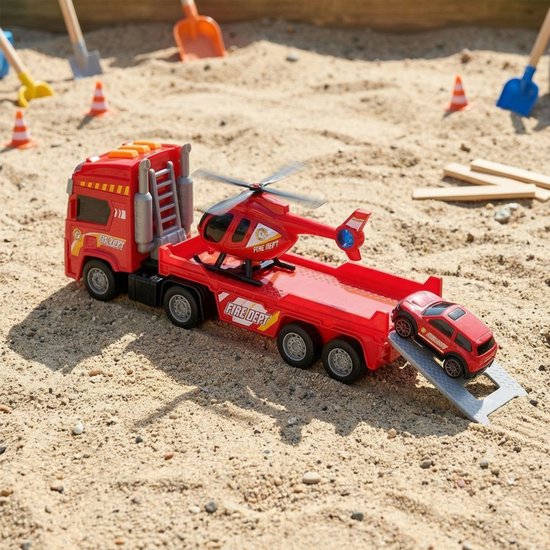 Ensemble de 3 véhicules de pompiers Eddy Toys - Ensemble comprenant une remorque, un hélicoptère et un camion de pompiers - Voiture, hélicoptère et camion de pompiers avec lumières et sons - Pompiers - Rouge