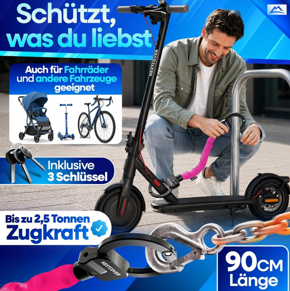 Chaîne antivol Nextcover pour trottinette électrique, 90 cm - Rose - Technologie Steel-Secure