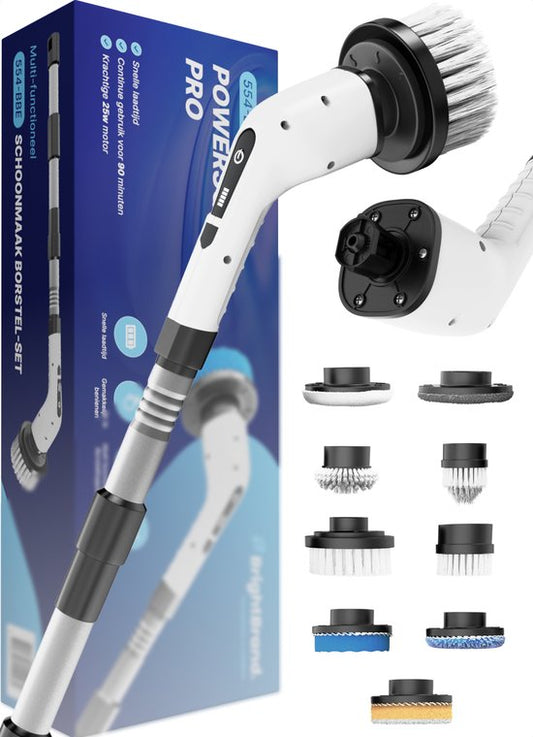 Brightbrand PowerScrub Pro - Brosse de nettoyage électrique - Brosse à récurer - Pour la salle de bain et la cuisine - Nettoyeur - Brosse à récurer avec manche - Raclette - Polisseuse - Polisseuse avec 10 accessoires