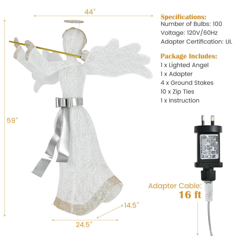 Ange illuminé Décoration de Noël - 150 cm de haut - Blanc et or - 100 LED - Pour l'intérieur et l'extérieur