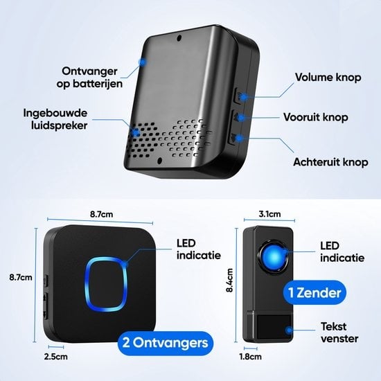 Sonnette de porte sans fil Strex avec 2 récepteurs à piles - Plug & Play - 300 mètres - 4 volumes / 58 mélodies - IP55 Waterproof