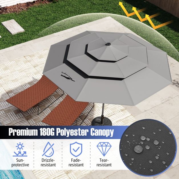 Parasol de terrasse Coast à 3 couches, Ø 313 cm - Éclairage LED solaire - Inclinable - Commande à manivelle - Gris