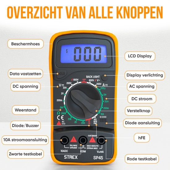 Strex Digital Multimeter - AC / DC - Batterie Duracell 9V, pince et étui de rangement inclus - Multimètre