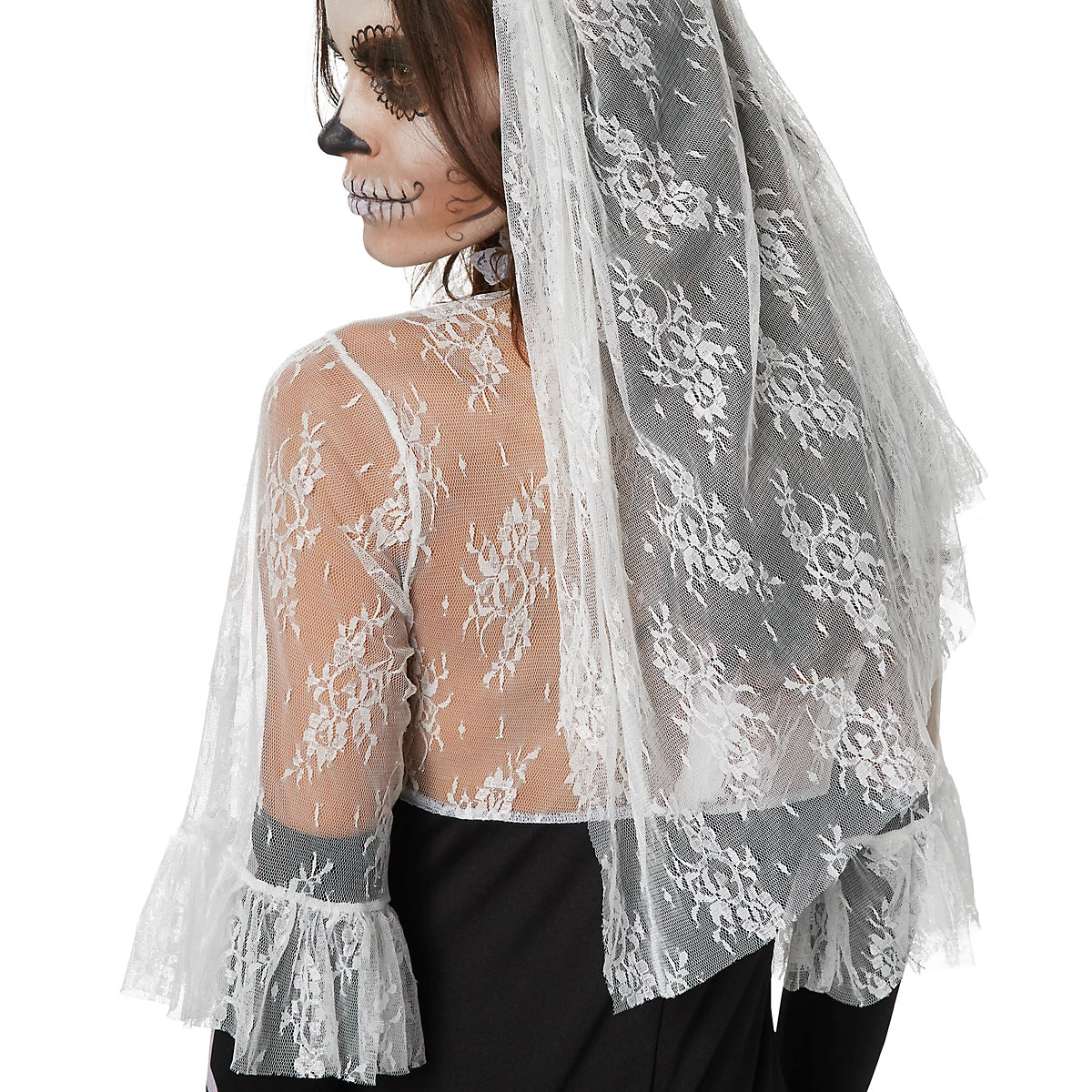 DressForFun : costume de mariée squelette effrayant pour femme – avec col montant en dentelle, bonnets rembourrés et voile – pour Halloween et le carnaval – polyester noir et blanc – taille S