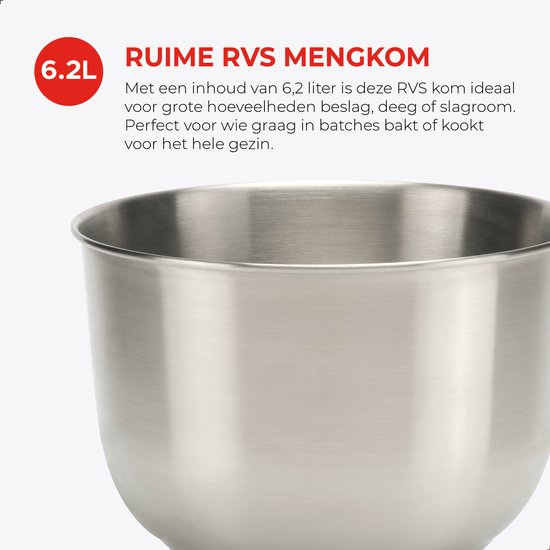Bourgini Kitchen Chef Plus - Robot de cuisine XL - Bol de 6,2 L - Robot ménager - 3 accessoires - Mixeur de cuisine - Pétrissage de 1,2 kg de pâte à pizza/à pain