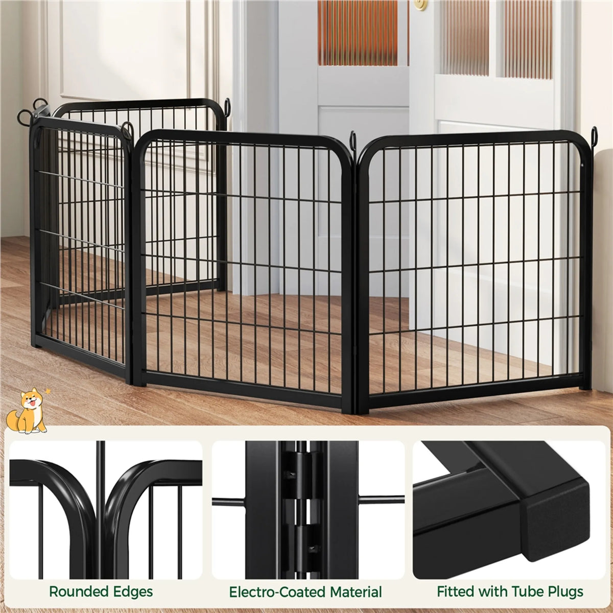 Enclos pliable pour chiens et chiots Yaheetech, 6 pièces, avec porte et piquets de fixation, hauteur 60,5 cm – Noir – Métal
