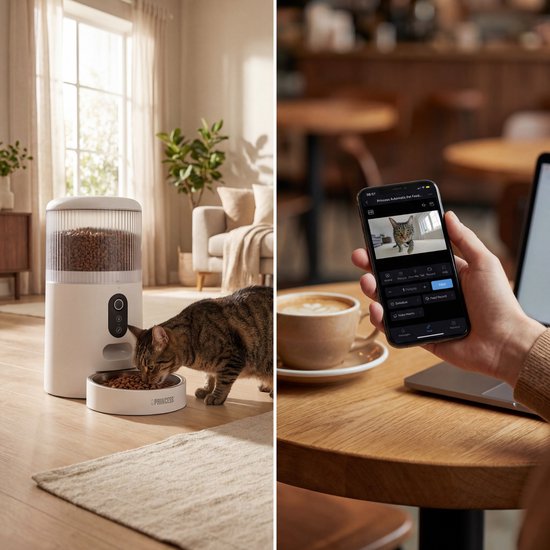 Mangeoire automatique Princess - Caméra HD et fonction intelligente - 4 litres – Chat et chien – Commande via application – Repas programmables – Bol en acier inoxydable – Batterie de secours – Distributeur automatique de nourriture – 610045