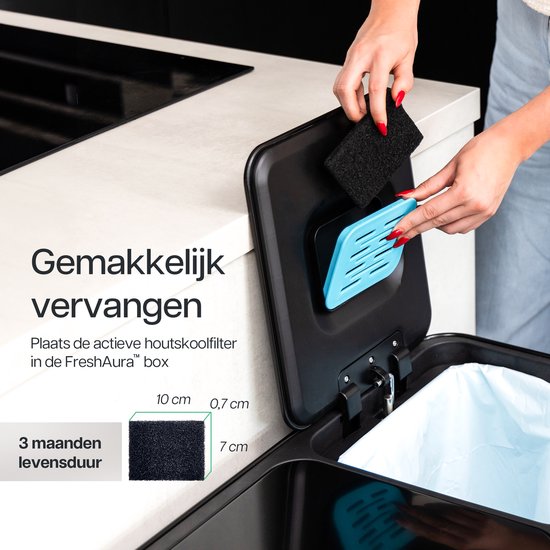 Deleca Recycle Bin with 2 Compartments - 60 Litres (2x30) Waste Bin - Waste Separation / Deposit Container / Pedal Bin - Garbage Bin with FreshAura Odour Control - Slow Close - Stainless Steel Black