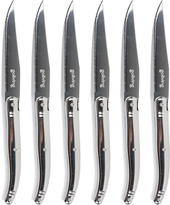 Goliving Couteaux à steak - Couteau à viande - Lavable au lave-vaisselle - Set de 6 couteaux à steak - Acier inoxydable - Set de couteaux - Couteau dentelé - Silver