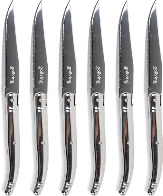 Goliving Couteaux à steak - Couteau à viande - Lavable au lave-vaisselle - Set de 6 couteaux à steak - Acier inoxydable - Set de couteaux - Couteau dentelé - Silver