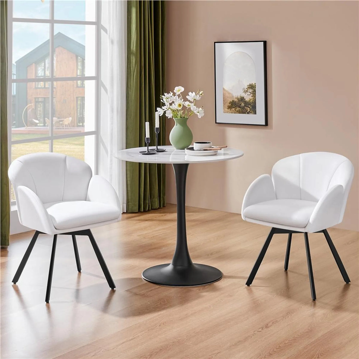 Yaheetech Swivel Chair Floral - Mécanisme de pivotement à 360°, coussin d'assise amovible et base en métal en forme de X - Pour chambre et bureau à domicile - Bouclé blanc et métal - 57 x 61 x 75 cm
