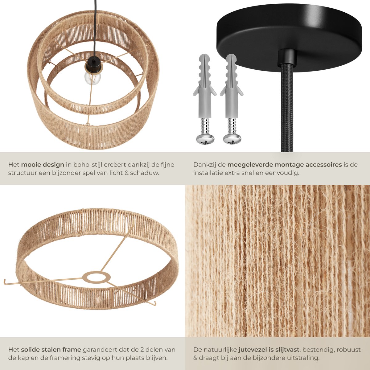 tectake® Plafonnier Lignea Lux - Lampe pendante Boho - Jute Nature - Ø46 x 32 cm - 40W