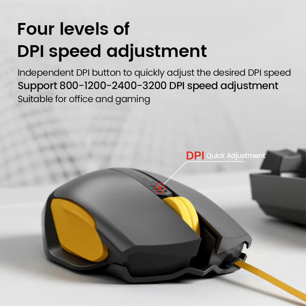 Souris filaire Ochama - Noire et jaune - Ergonomique - Capteur optique - Fréquence de sondage de 1 000 Hz - 4 niveaux de DPI