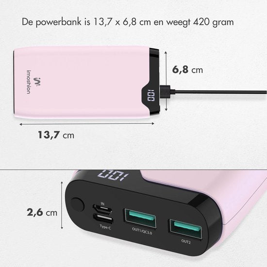 Batterie externe - imoshion - 20000 mAh - Chargeur rapide 22,5W - USB C & USB A - Powerbank adapté à iOS/Android - Rose clair