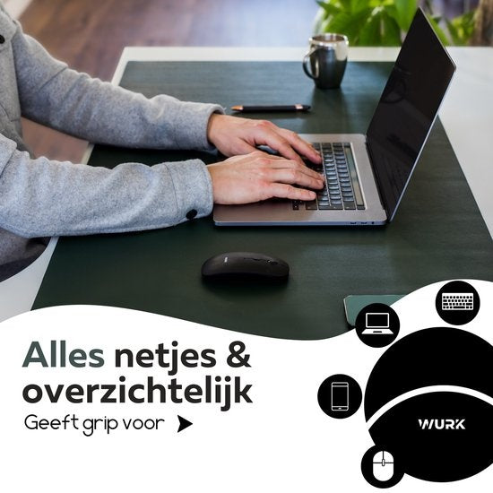Tapis de bureau professionnel WURK - cuir synthétique - Organisateur de bureau - Accessoires de bureau - Comprend un clip pour câble - Tapis de souris XXL - 120x60 - Vert