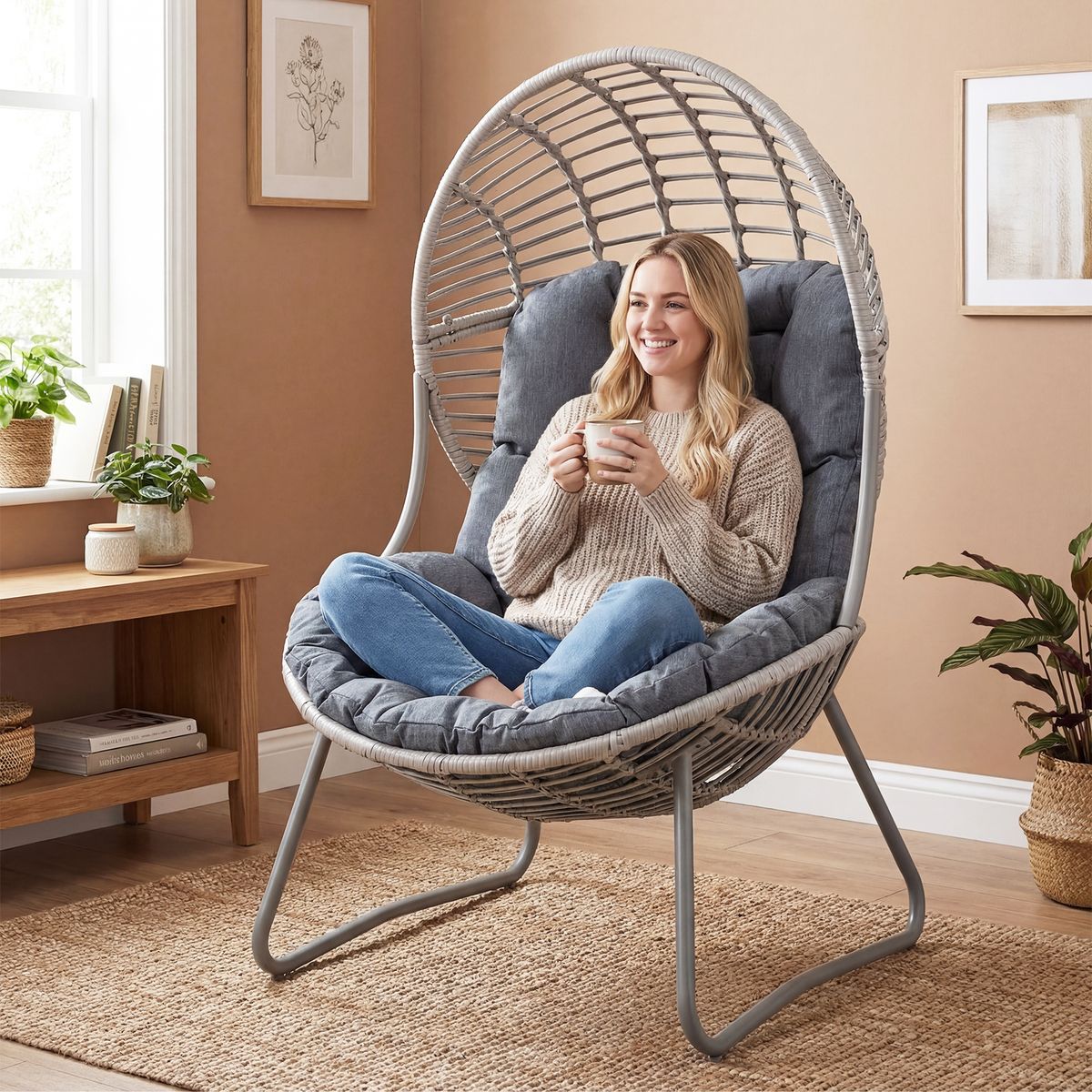 Fauteuil Coast en rotin - design en forme d'œuf - coussins amovibles - gris
