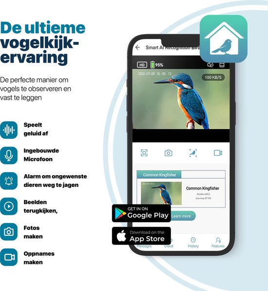 BOME - Mangeoire à oiseaux - Caméra et audio - Reconnaissance des oiseaux - Bois - Double panneau solaire - Suspension