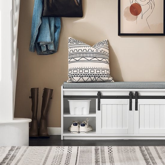 SoBuy Meuble d'entrée avec portes coulissantes, banc à chaussures à 6 compartiments pour l'entrée, 90x35x46 cm, blanc, FSR133-K-W