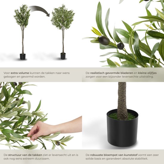 tectake® Olivier artificiel Oleand - Plante artificielle méditerranéenne avec feuilles et olives réalistes - Peu d'entretien et polyvalent - Pot de fleurs robuste inclus - Hauteur : 150 cm