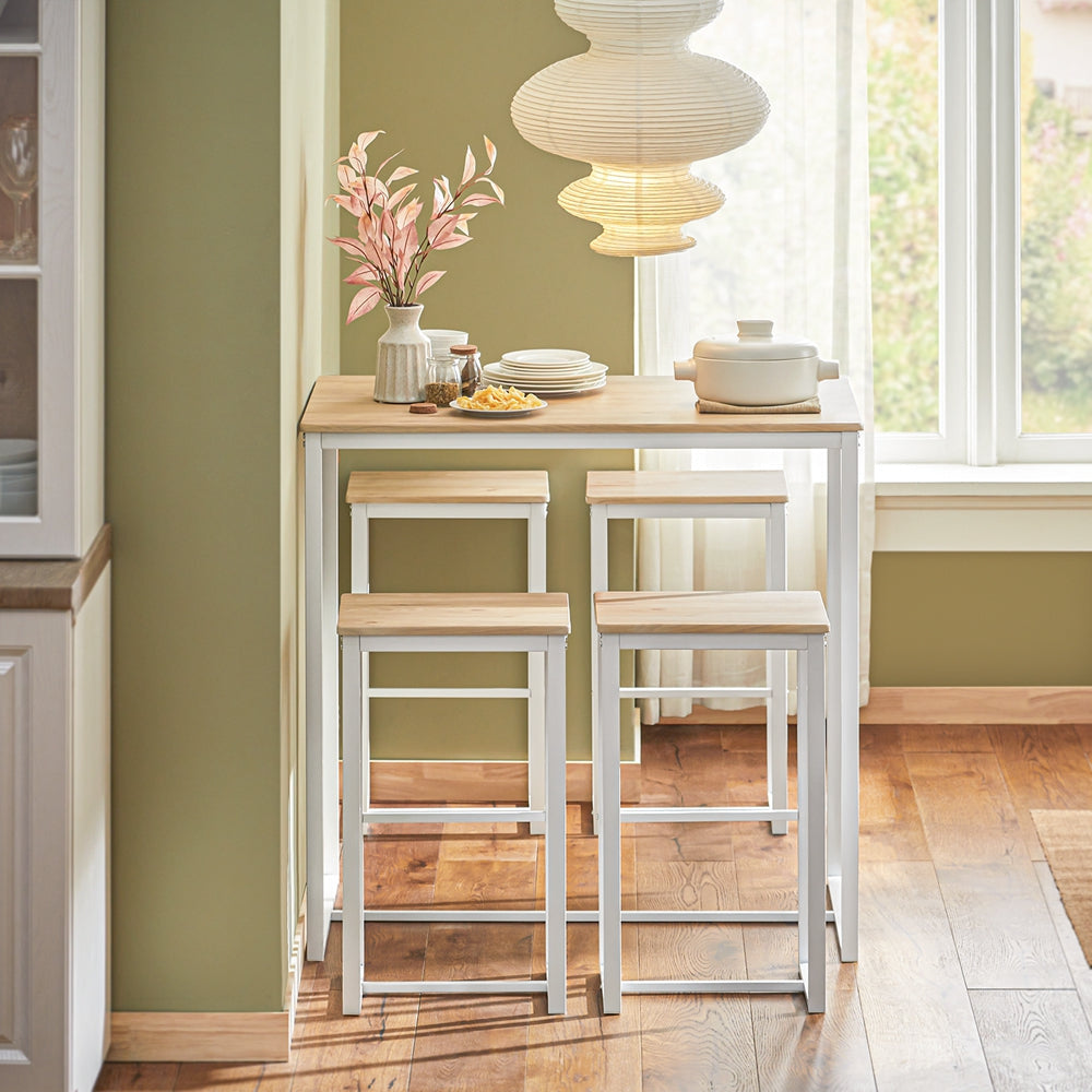 Table de bar et 4 tabourets, SoBuy, Table de cuisine, Moderne, Blanc / Marron