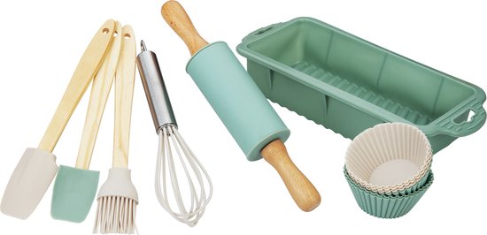 Set de pâtisserie pour enfants 12 pièces - moule à gâteau - fouet - rouleau à pâtisserie - deux spatules - brosse de cuisine et 6 moules à cupcakes en silicone