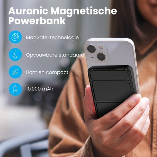 Auronic Powerbank - 10 000 mAh - 22,5W - Chargeur rapide pour iPhone 12/13/14/15 - Chargement magnétique et sans fil - Noir