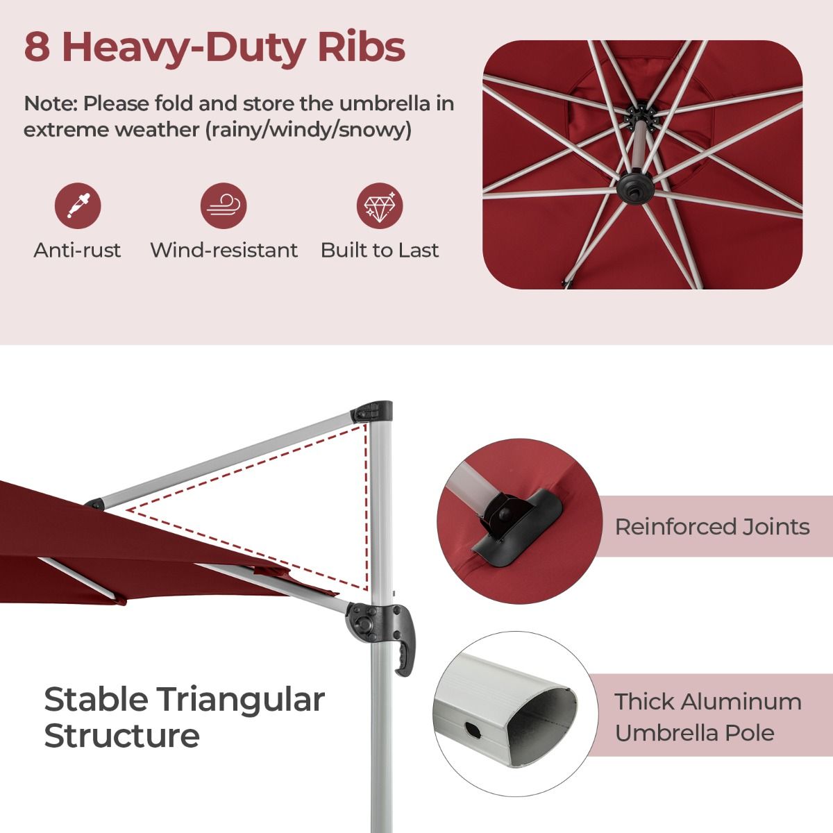 Coast 339x260 cm Red Terrace Sunshade Round Cantilever with 360° Rotating and Tilting Aluminium Construction