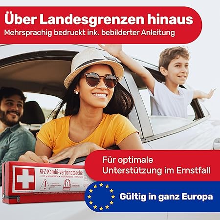 Car combi bag (3 en 1) selon la norme actuelle 2026 - y compris triangle de signalisation, gilet de sécurité - kit de premiers secours triangle de signalisation set kit de premiers secours voiture DIN 13164:2022 (conformément au code de la route allemand)