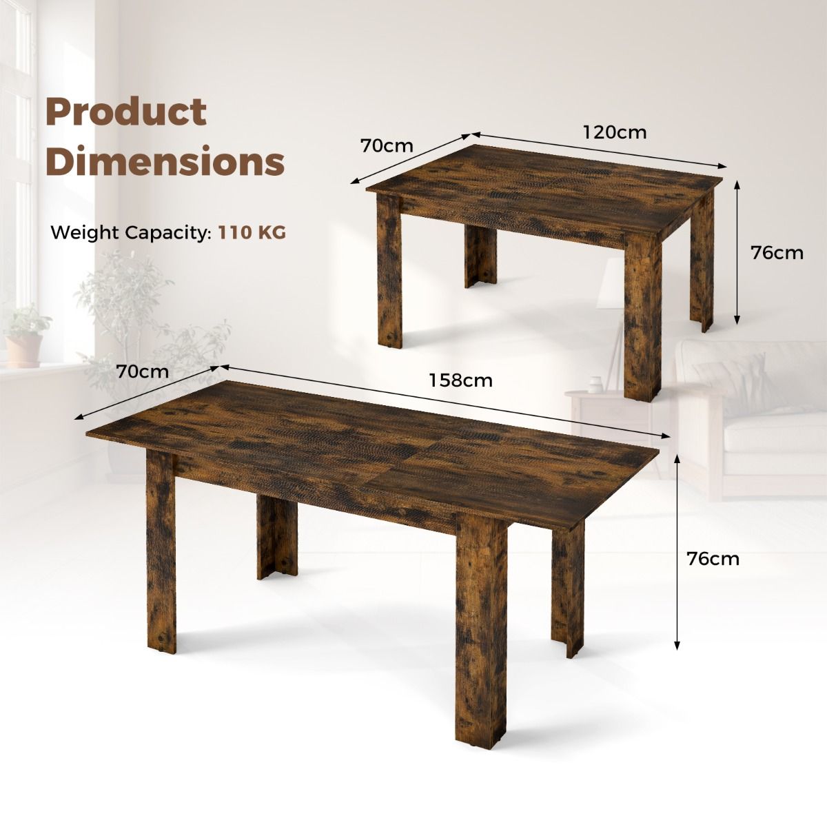 Table à manger extensible Coast - Plateau réglable - Pieds en L - Marron café 158 x 70 x 76 cm