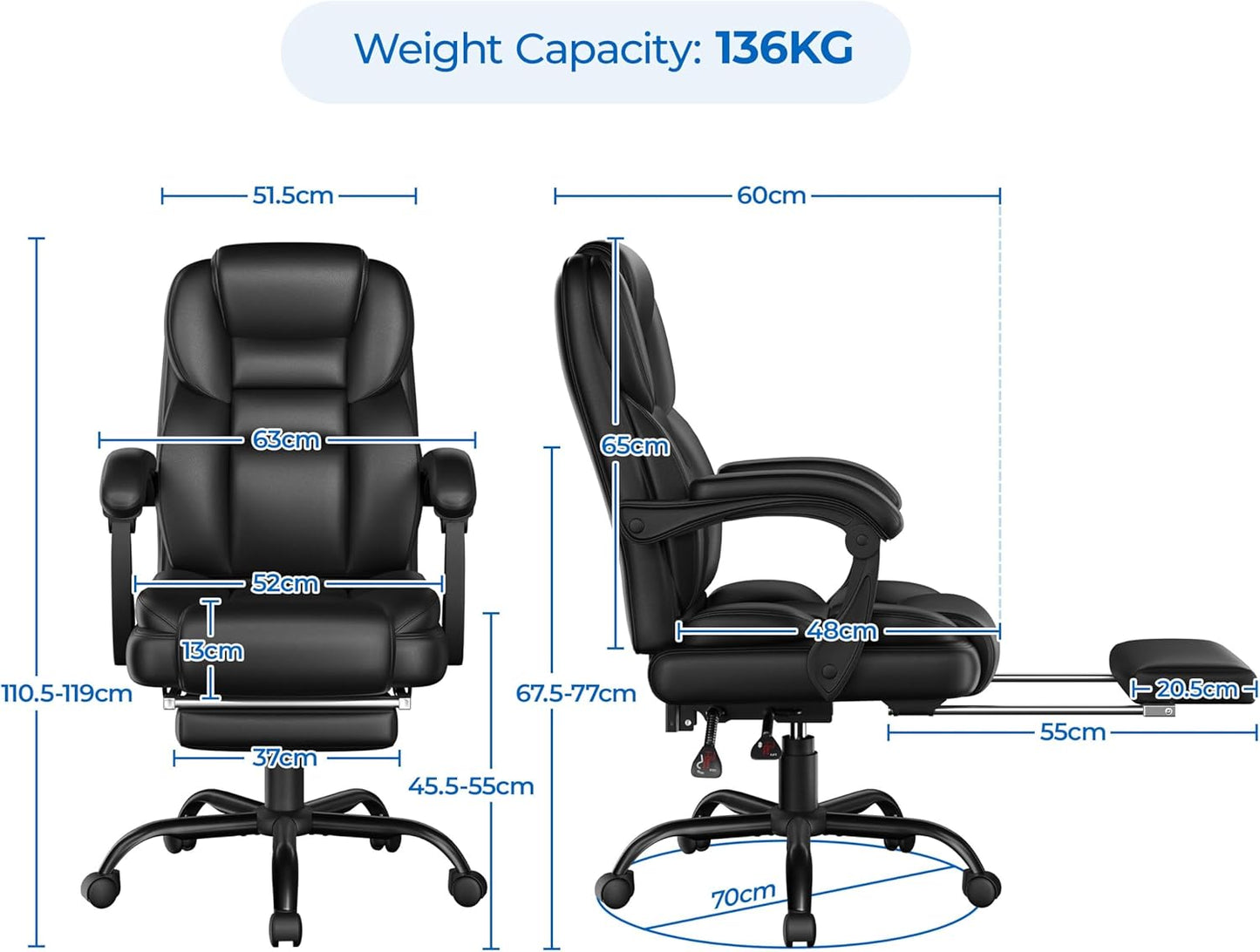 Fauteuil de direction ergonomique Yaheetech - Avec repose-pieds extensible - Dossier haut - Noir