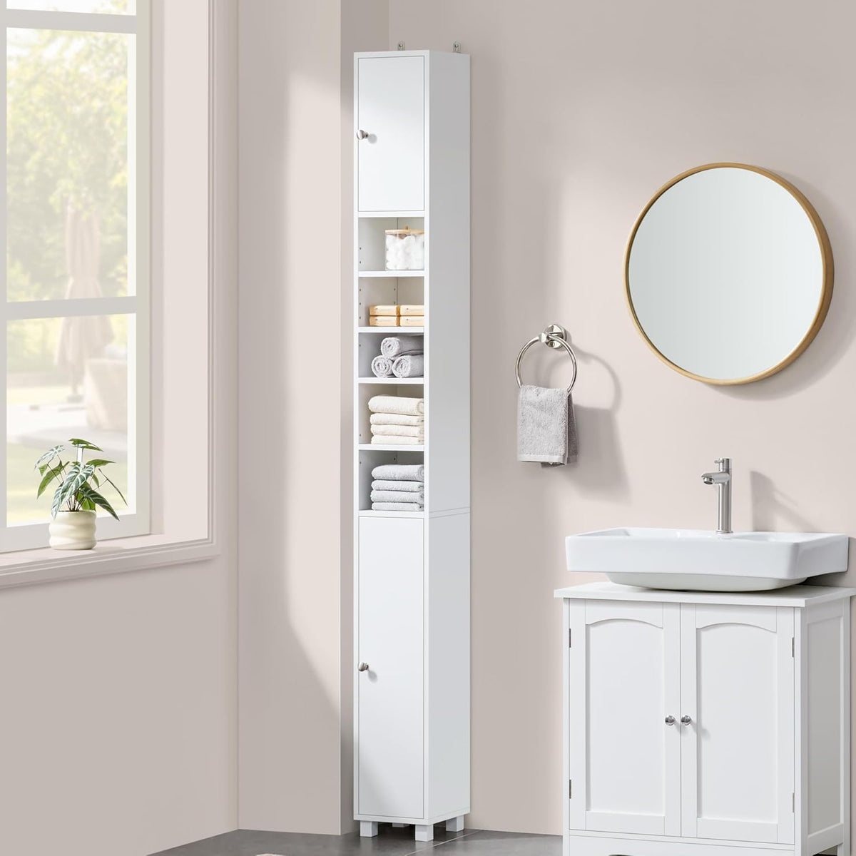 Armoire de salle de bains Yaheetech, modèle étroit, avec 6 étagères réglables, 20 × 20 × 180,5 cm, blanche