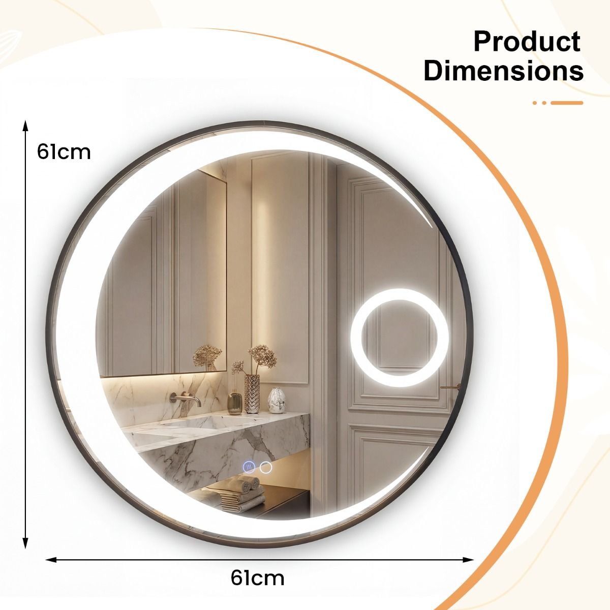 Miroir de salle de bains rond Coast - Éclairage LED - Anti-buée - 61 cm Noir