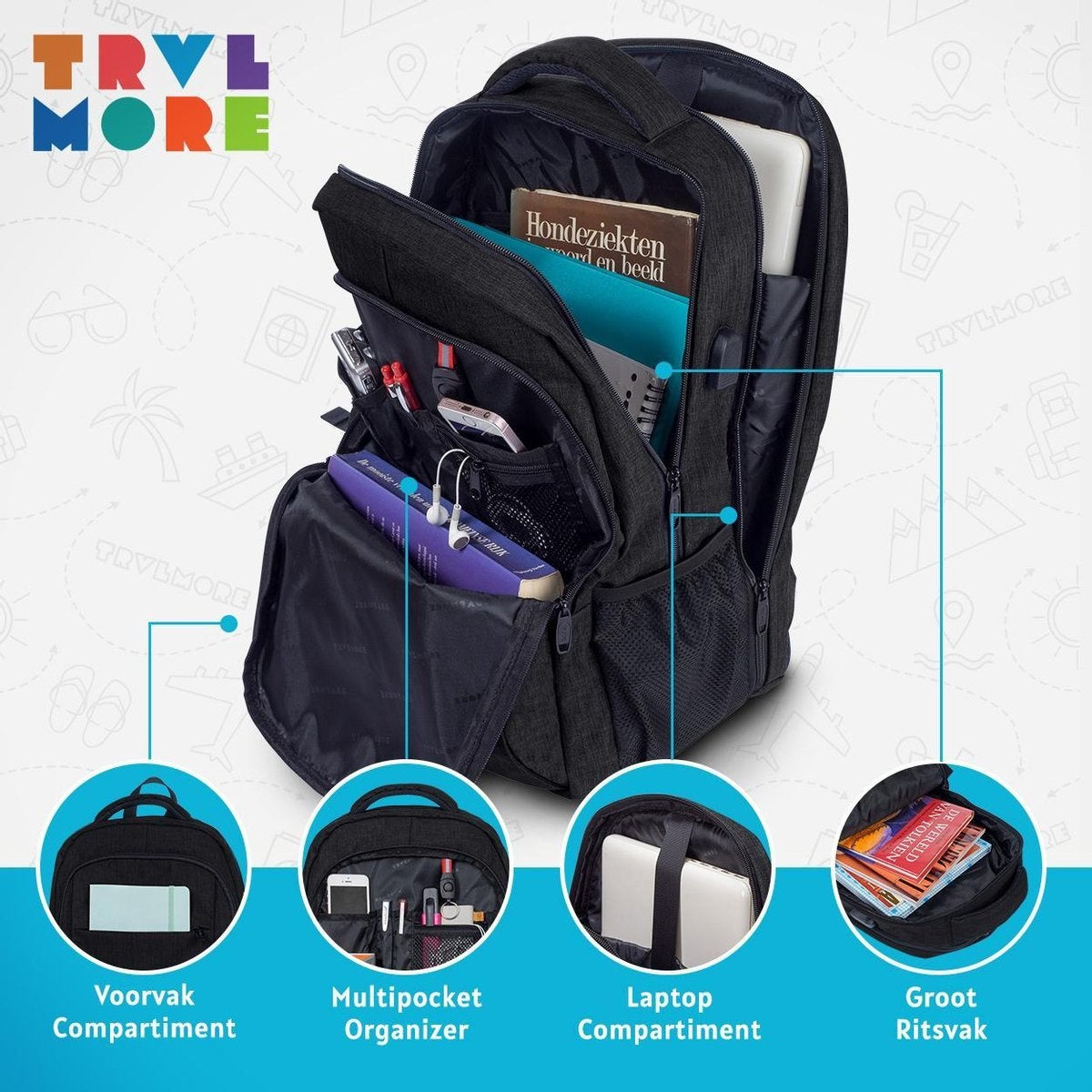 TRVLMORE Sac à dos - 36L - 17.3 inch - Sac à dos pour ordinateur portable - Sac d'école - Unisex - Splashproof Black