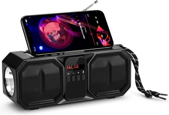 Denver Radio d'urgence - Haut-parleur Bluetooth - Banque d'énergie solaire - 80W - Radio FM - Lampe de poche - USB - BTG158 - Noir