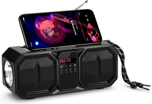 Denver Radio d'urgence - Haut-parleur Bluetooth - Banque d'énergie solaire - 80W - Radio FM - Lampe de poche - USB - BTG158 - Noir